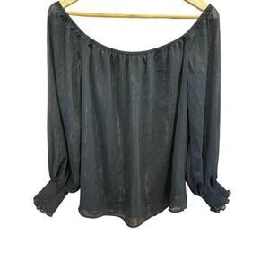 WAYF x BFF Sarah Silver Metallic & Black Off the Shoulder Top Sheer Long Sleeves